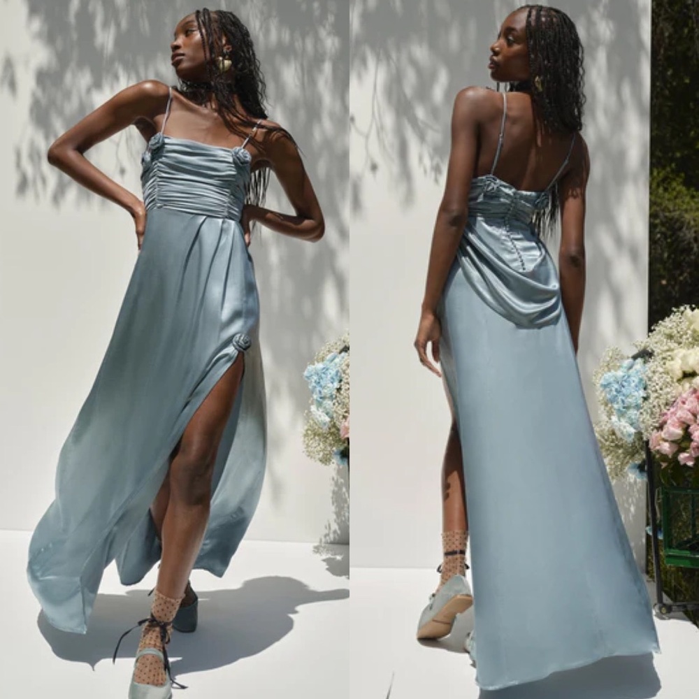 For Love & Lemons Satin Maxi Dress in Dusty Blue - Picture 2 of 12
